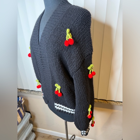 Maeve Anthropologie Black Cherry Appliqué Open-Front Women's Sweater One Size - Picture 3 of 10